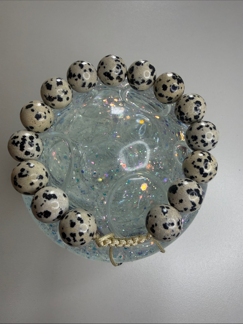 Dalmatian Jasper Beaded Stretch Bracelet - Cream and Black